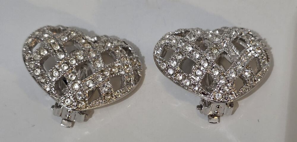 Silver Tone Rhinestone Heart Clip Earrings with Woven Look 1"